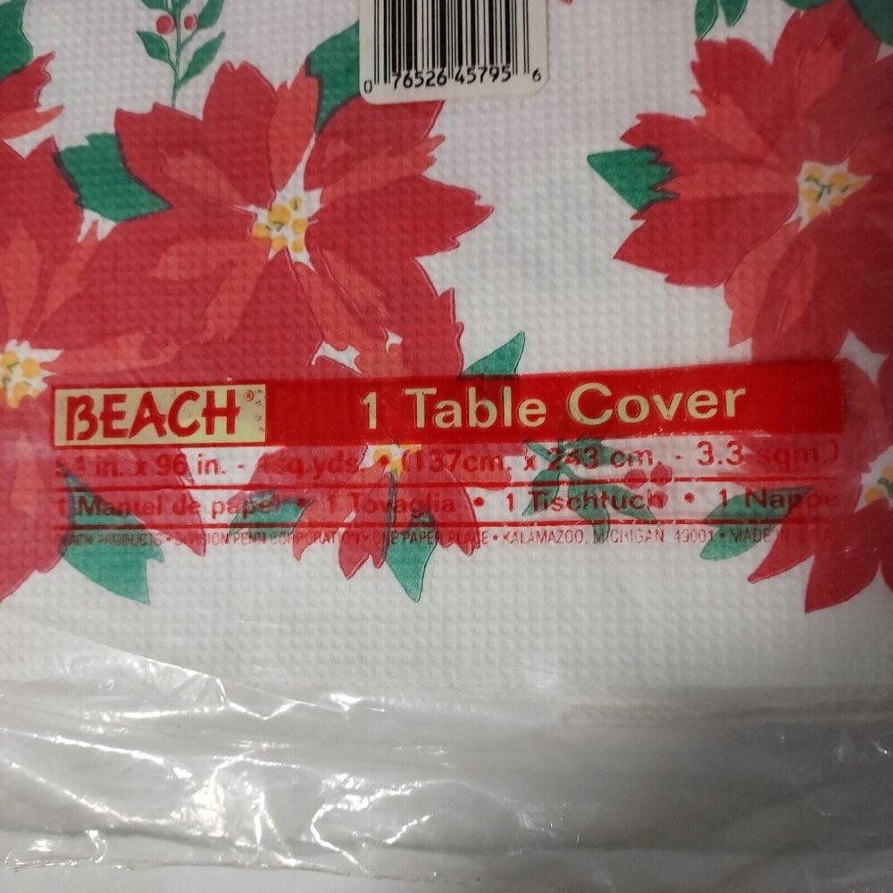 Table Cover Poinsette Paper  51" x 96" Plastic Back New Vintage Beach Brand - Picture 6 of 7